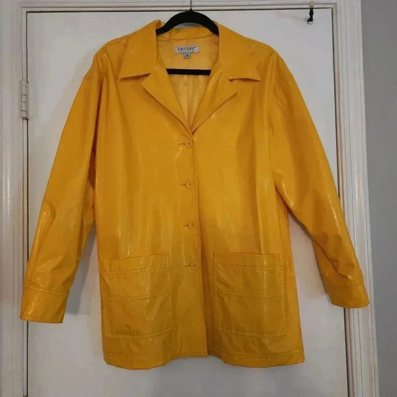 Vintage 90s Karen Kane Yellow Vinyl Rain Coat Size Small - Picture 1 of 6